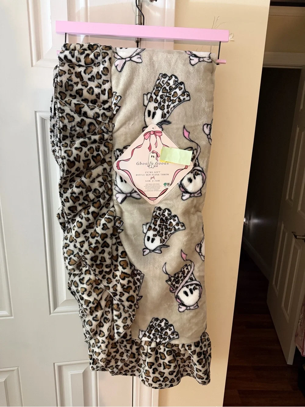 Ghostly Goods Halloween Cheetah Ghost Extra Soft Ruffle Hem Plush Throw Blanket